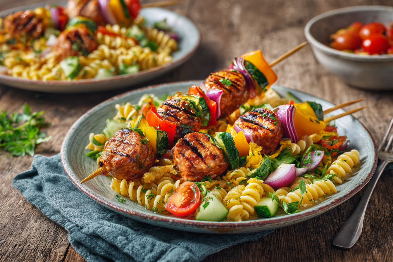 Frankfurter Skewers with Pasta Salad