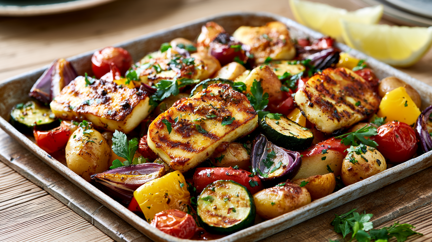Roasted Vegetable and Halloumi Tray Bake