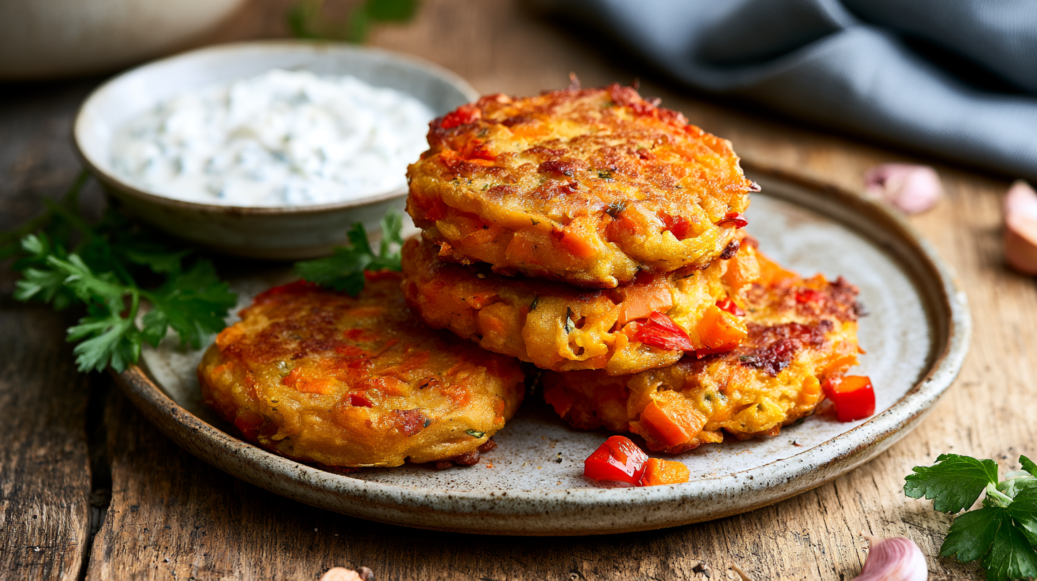 Sweet Potato and Red Pepper Fritters with Yogurt Dip